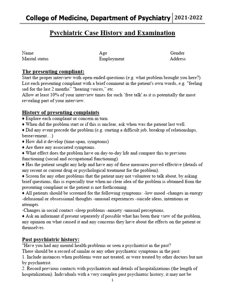 Psychiatric-Case-History-and-Examination | PDF | Psychiatry | Mental ...