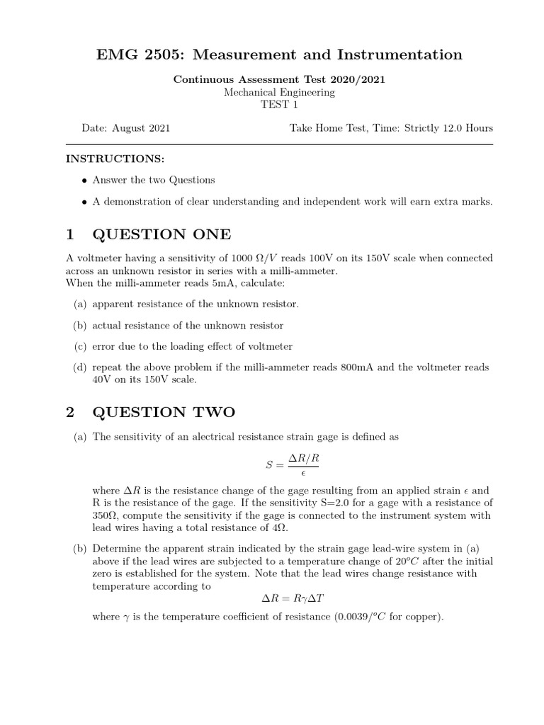EMG 2505 Measurement & Instrumentation Test | PDF