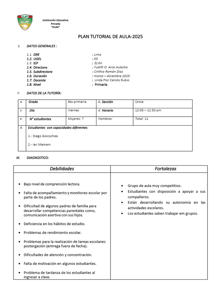 Plan Tutorial Aula 2025 - IEP ELIM | PDF | Plan de estudios ...
