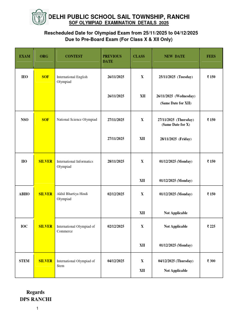 DPS Ranchi SOF Olympiad 2025 Dates | PDF