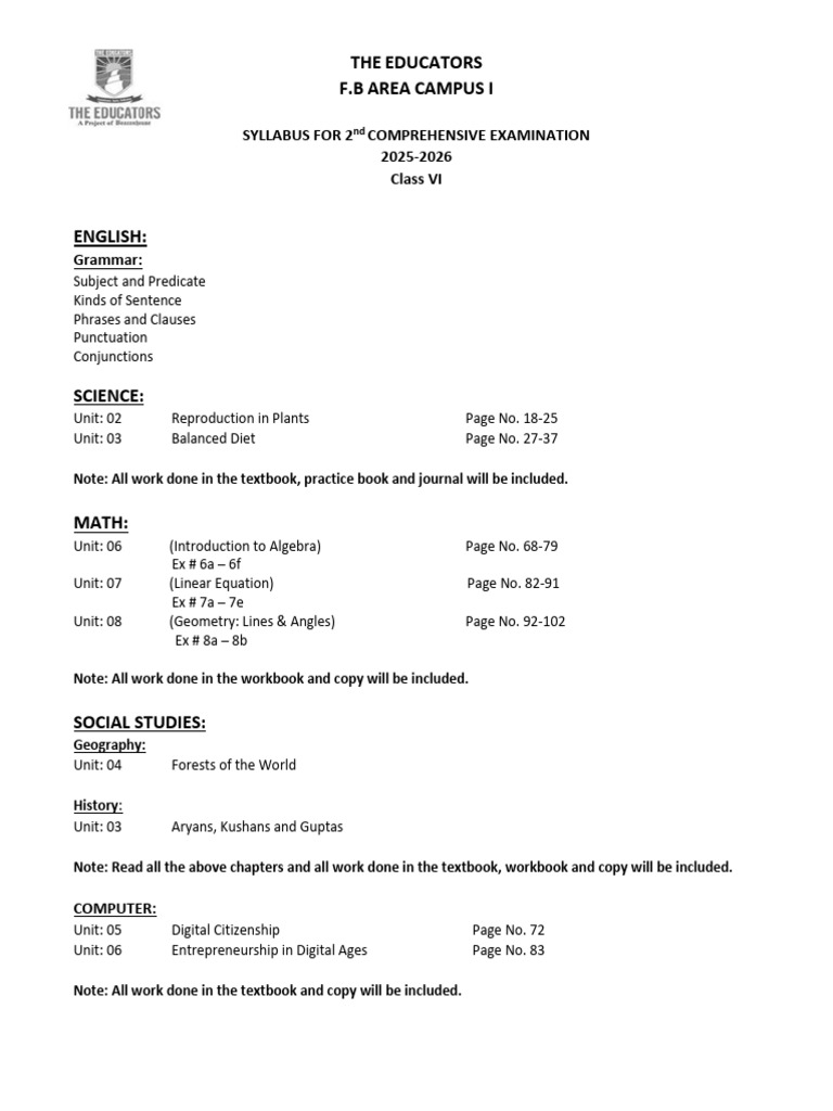 Syllabus Grade VI | PDF