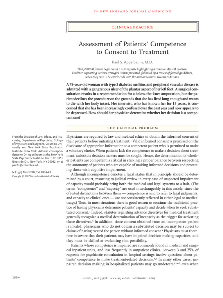 Appelbaum - Assessment of Consent To Treatment | PDF | Medical ...