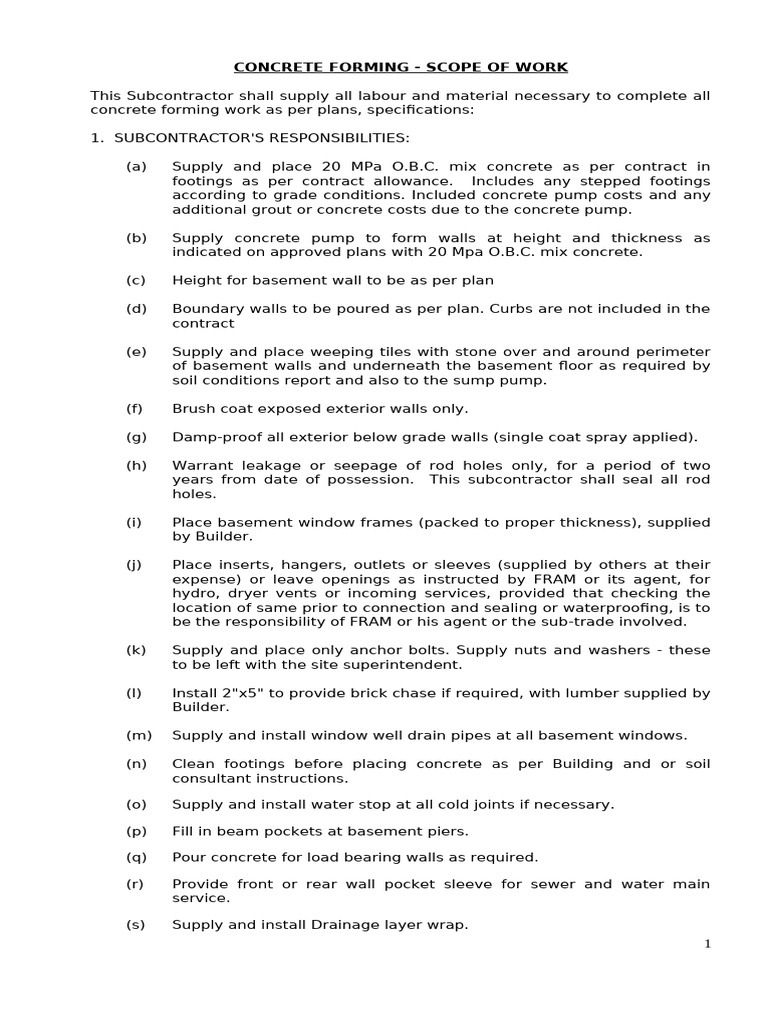 Concrete Forming Scope of Work | PDF | Basement | Concrete