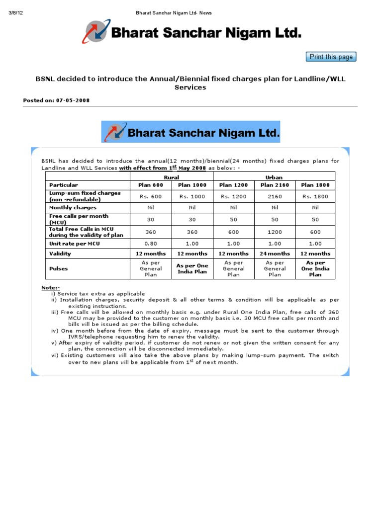 BSNL Landline/WLL Fixed Charge Plans | PDF | Technology & Engineering