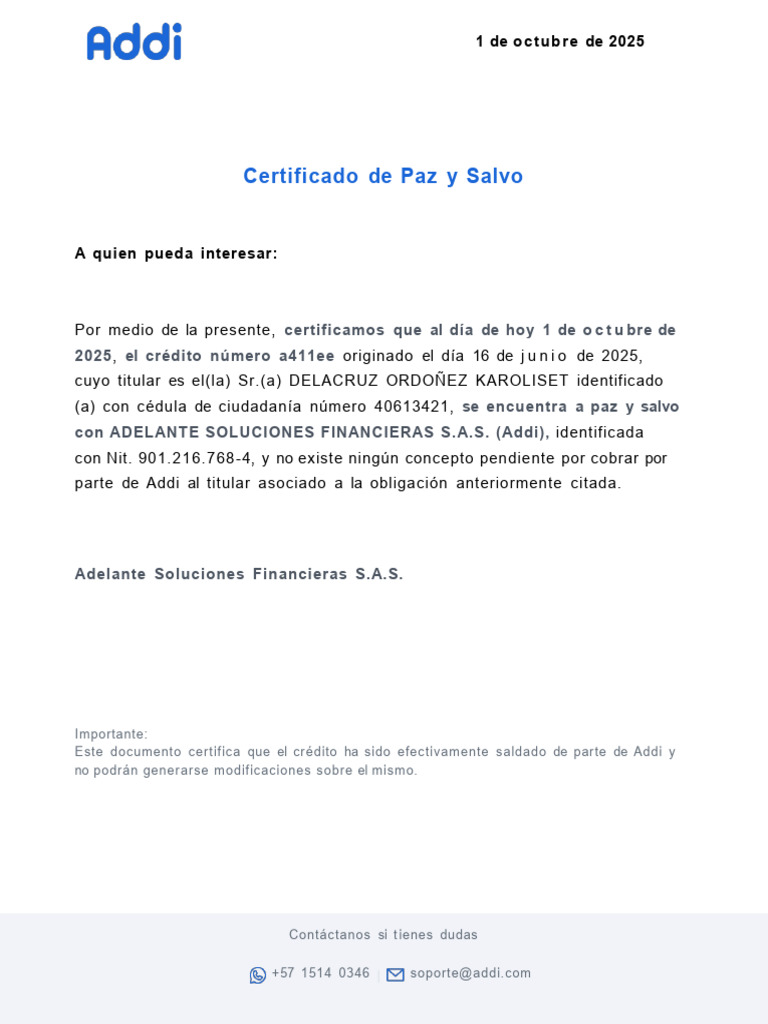 Certificado de Paz y Salvo de Crédito | PDF