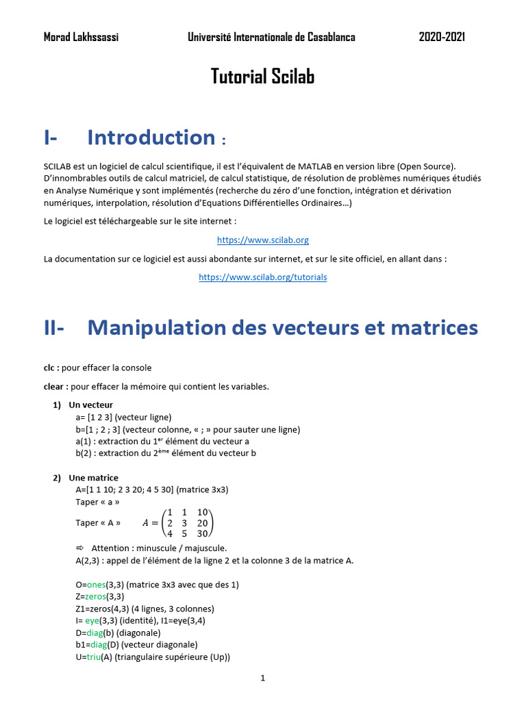 Tutoriel Scilab : Calcul Matriciel et Programmation | PDF | Matrice ...