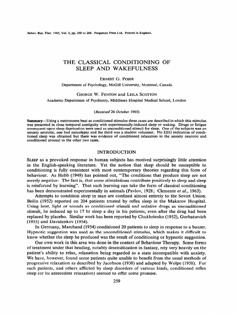 Classical Conditioning of Sleep Responses | PDF | Classical ...