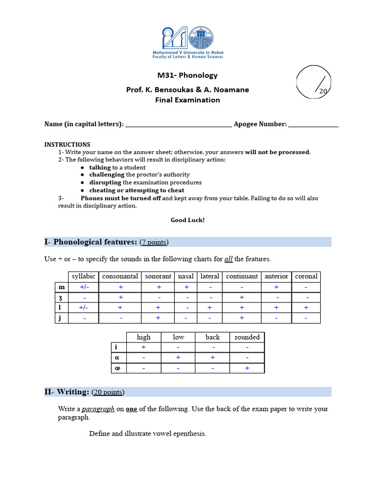 M31 Phonology Final Exam Instructions | PDF | Consonant | Human Voice