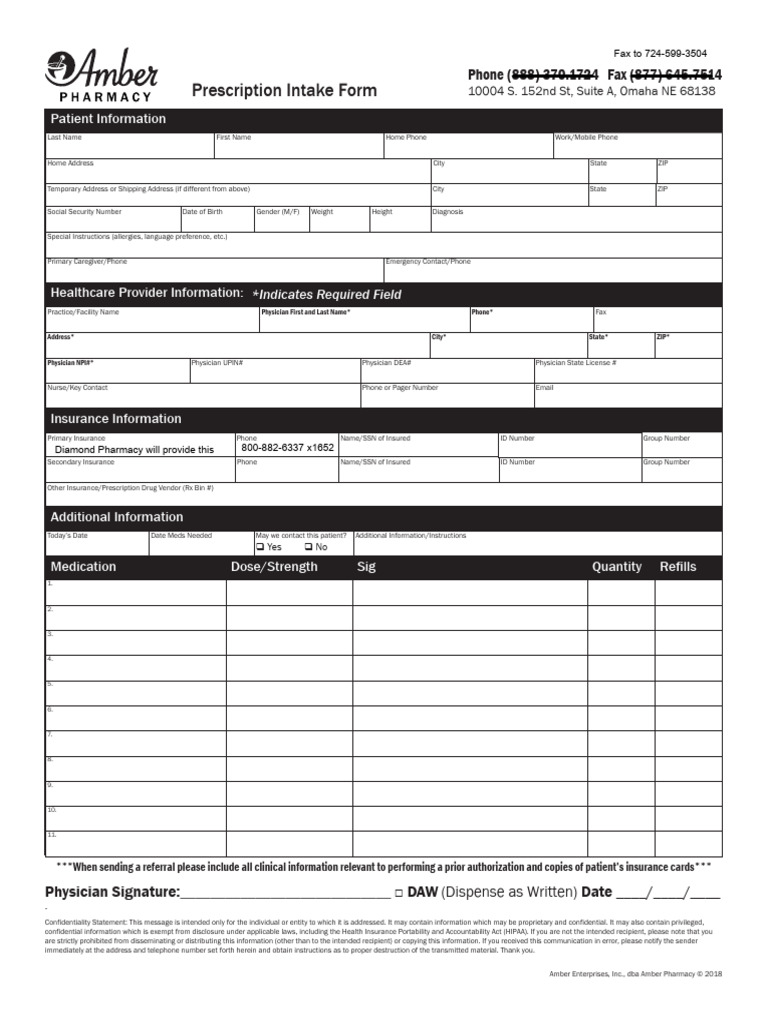 Patient Prescription Intake Form | PDF | Medical Prescription | Pharmacy