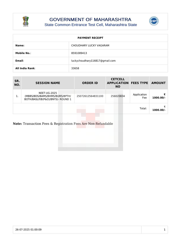 NEET-UG 2025 Payment Receipt | PDF