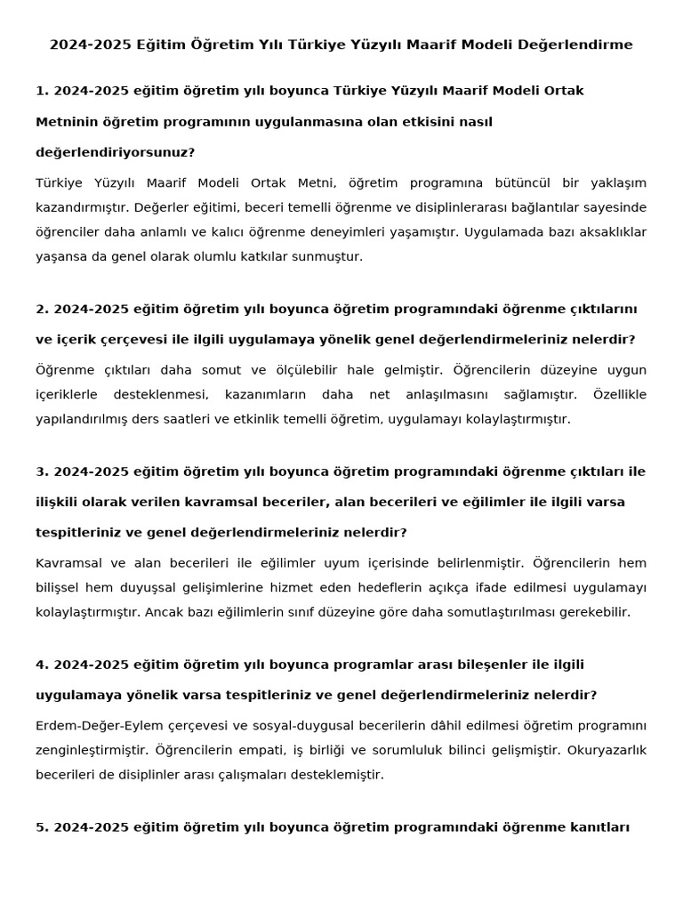 Turkiye Yuzyili Maarif Modeli Degerlendirme | PDF