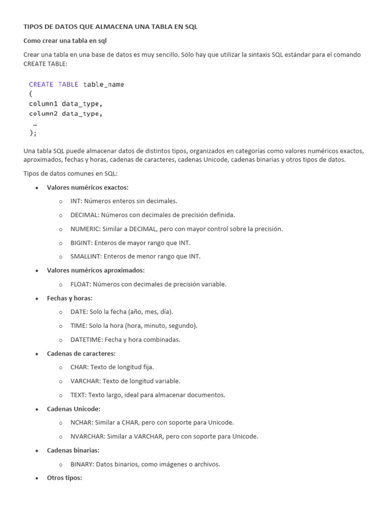 Tipos de Datos en Tablas SQL | PDF | SQL | Tipo de datos