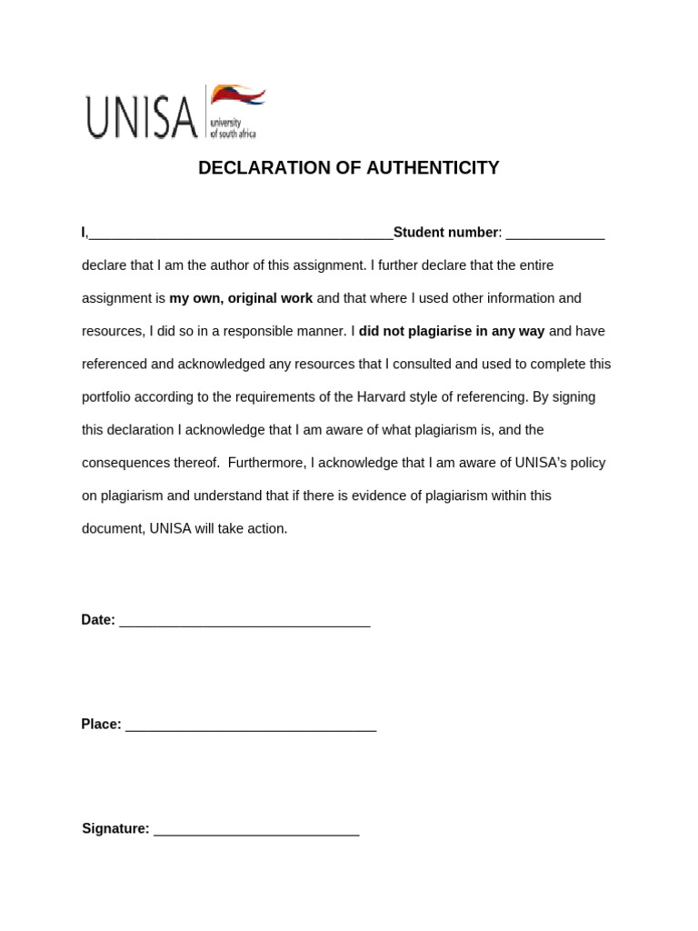 Declaration of Authenticity for Assignments | PDF