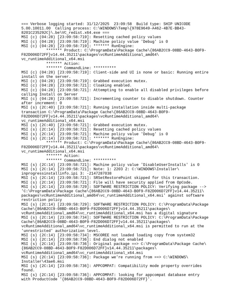 VC Runtime Additional Installation Log | PDF | Windows Registry | Software