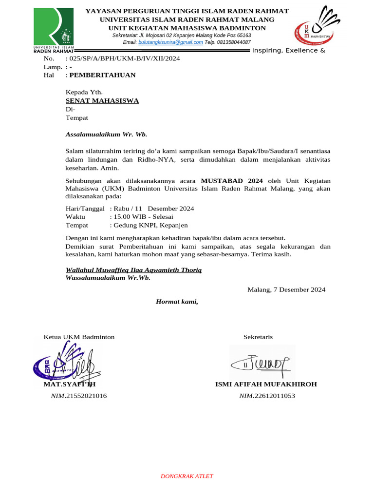 Pemberitahuan Acara Mustabad 2024 Badminton | PDF