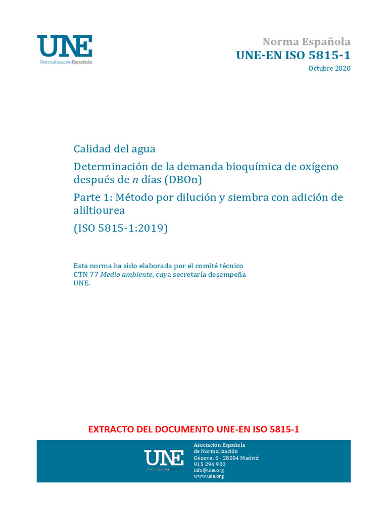 Norma UNE-EN ISO 5815-1: DBOn en agua | PDF | Química | Ingeniería ...