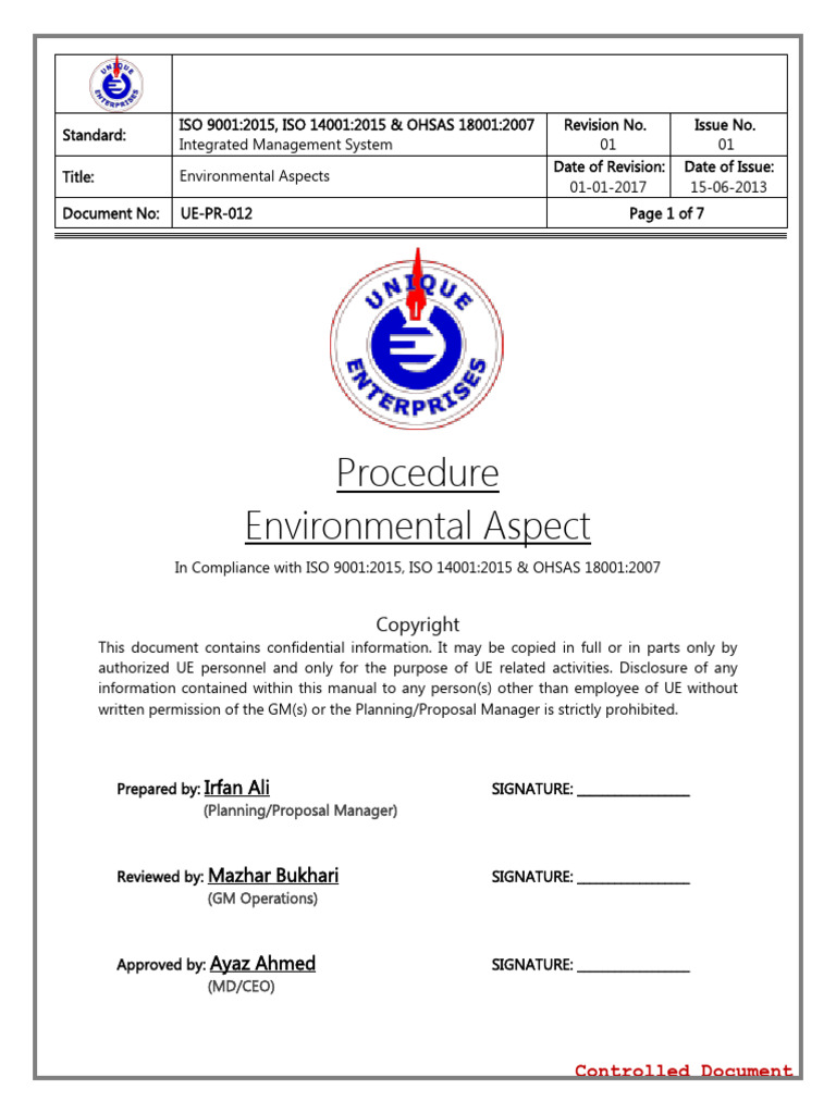 Environmental Aspects Procedure ISO Standards | PDF | International ...