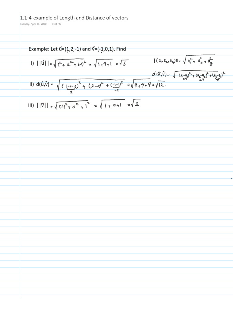 Vector Length and Distance Examples | PDF