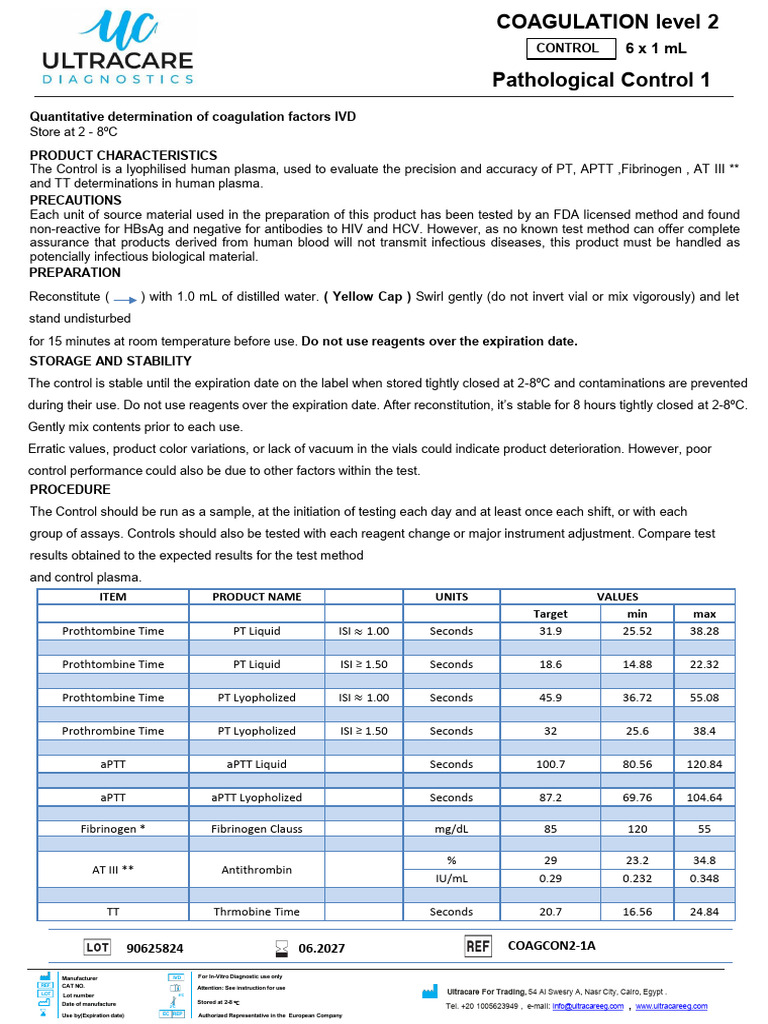 Coagulation Control Level 2 IVD Kit | PDF | Blood Plasma | Coagulation