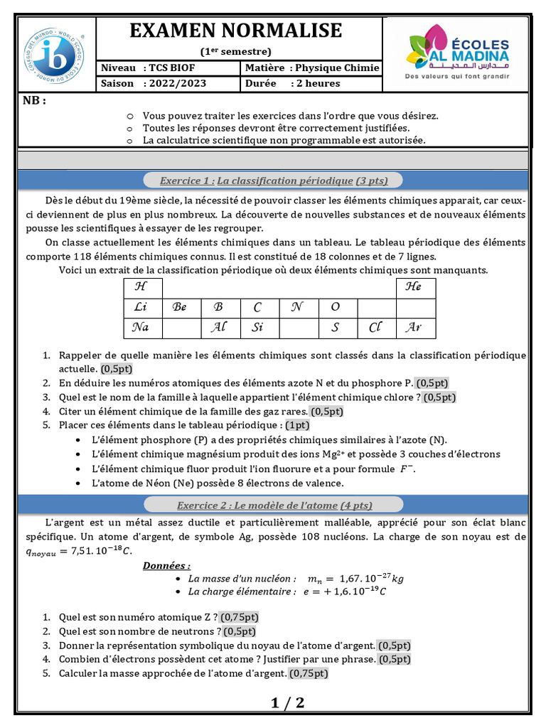 Examen de Physique-Chimie TCS BIOF 2022 | PDF | Tableau périodique ...