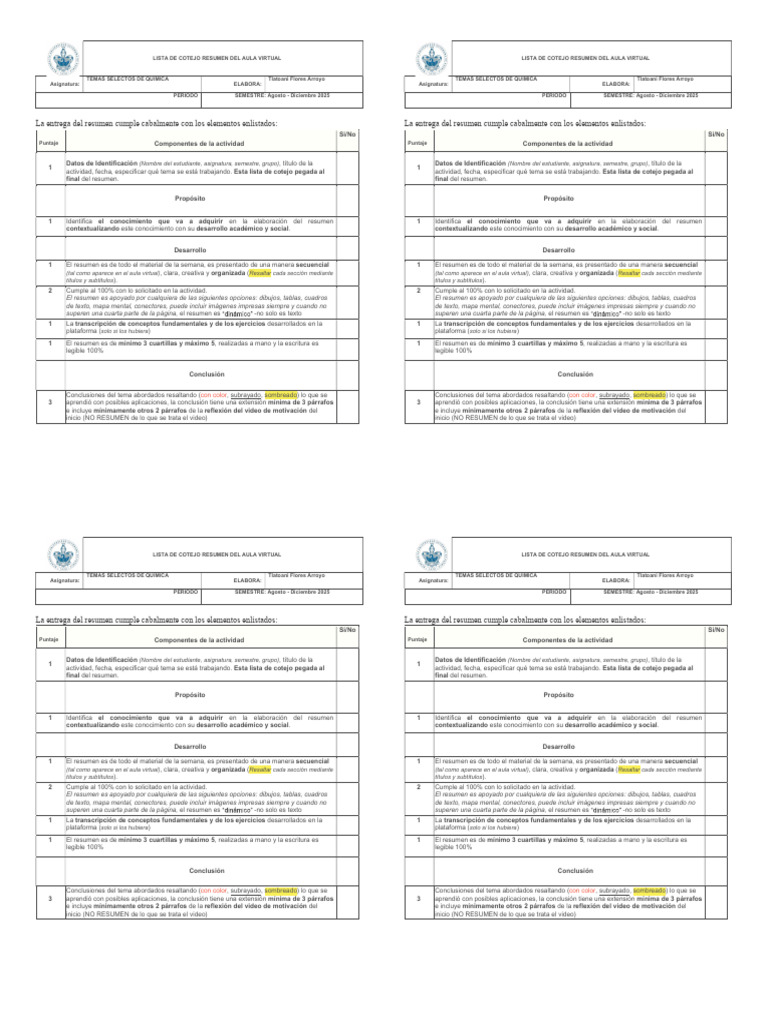 Lista de cotejo imprimible TSQ | PDF