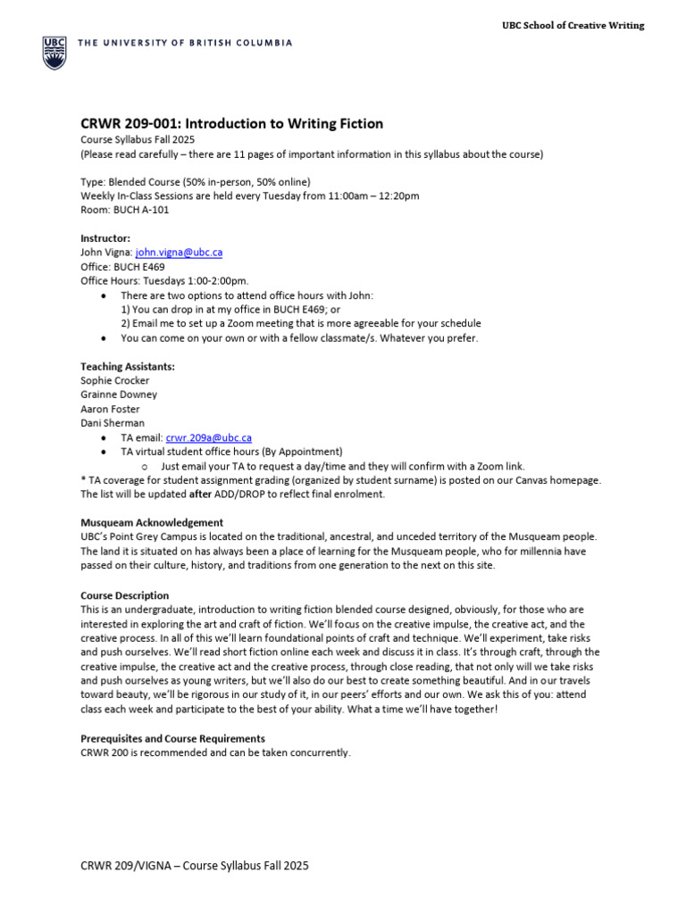 UBC CRWR 209: Fiction Writing Syllabus | PDF | Plagiarism | Academic ...
