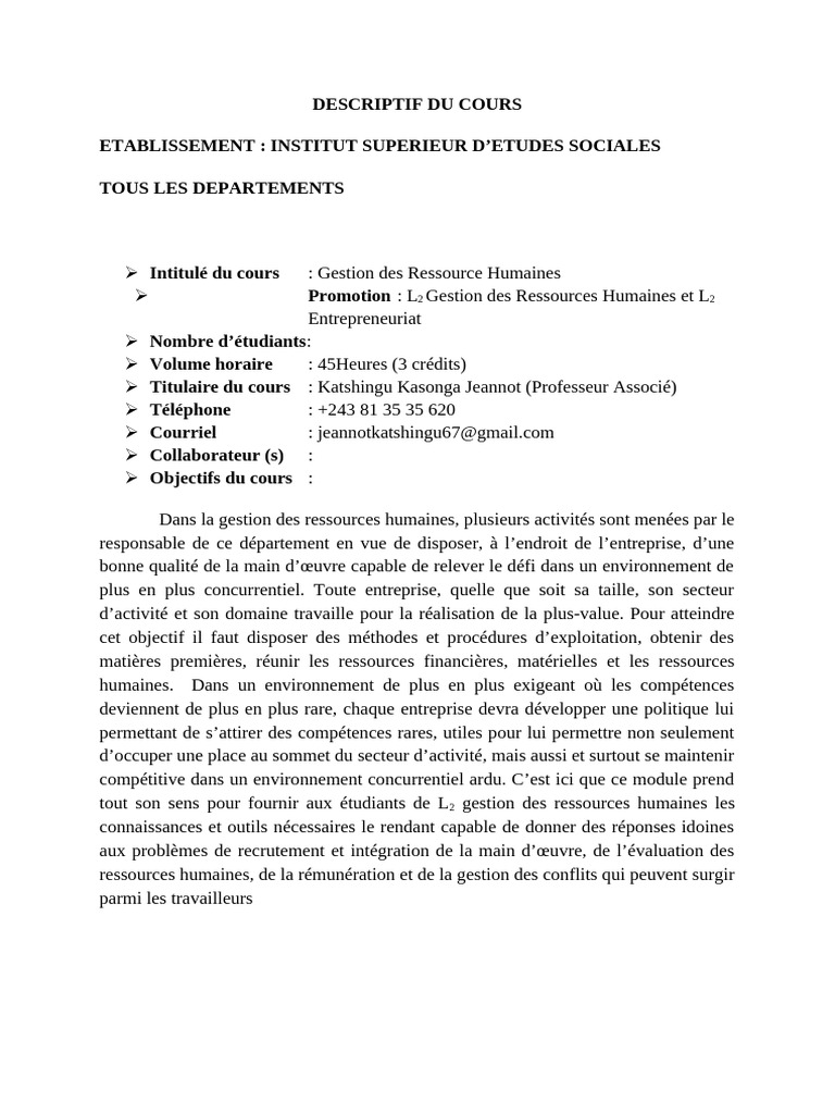 Cours de Gestion des Ressources Humaines | PDF | Gestion des ressources ...