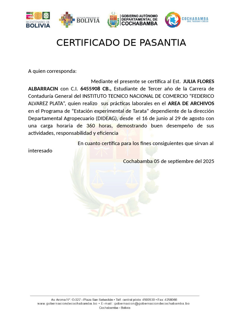 Certificado de Pasantía Contaduría 2025 | PDF