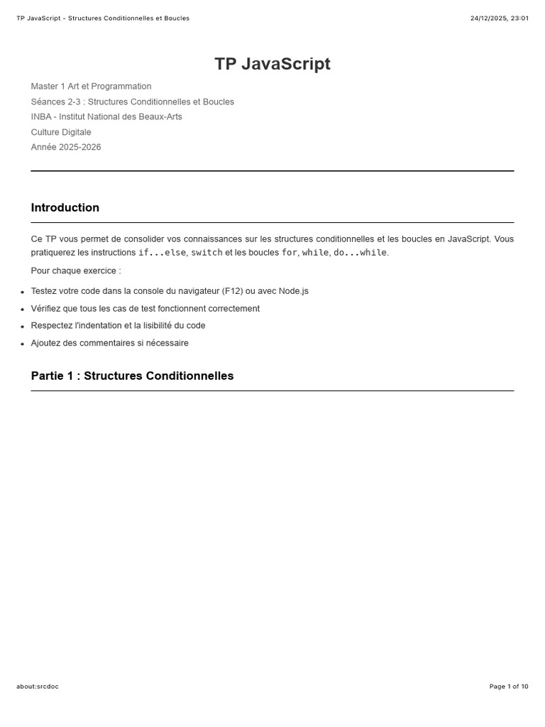 TP JavaScript : Conditions et Boucles | PDF | Structure de contrôle ...