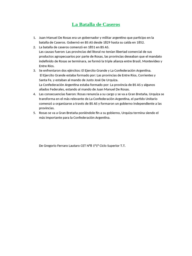 Batalla de Caseros: Rosas vs. Urquiza | PDF