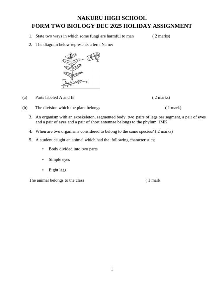 Form 2 Holiday Assignment 3rd Term | PDF | Insects | Arthropods