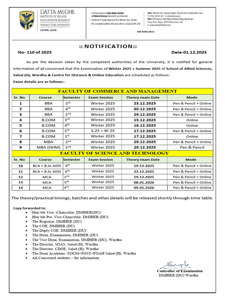 Winter 2025 Exam Schedule Notification | PDF | Educational Stages ...