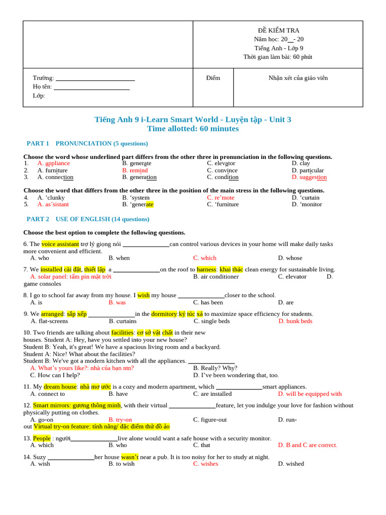 English Test for 9th Grade Students | PDF