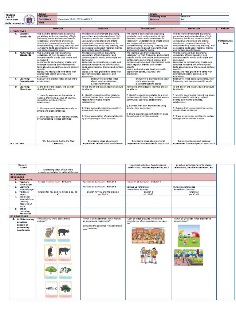 Grade 3 English Lesson Plan: Experiences | PDF | Vocabulary | Curriculum
