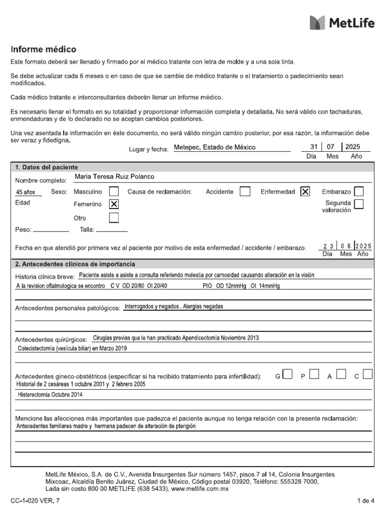 Informe Medico Metlife Pac. Teresa Ruiz | PDF