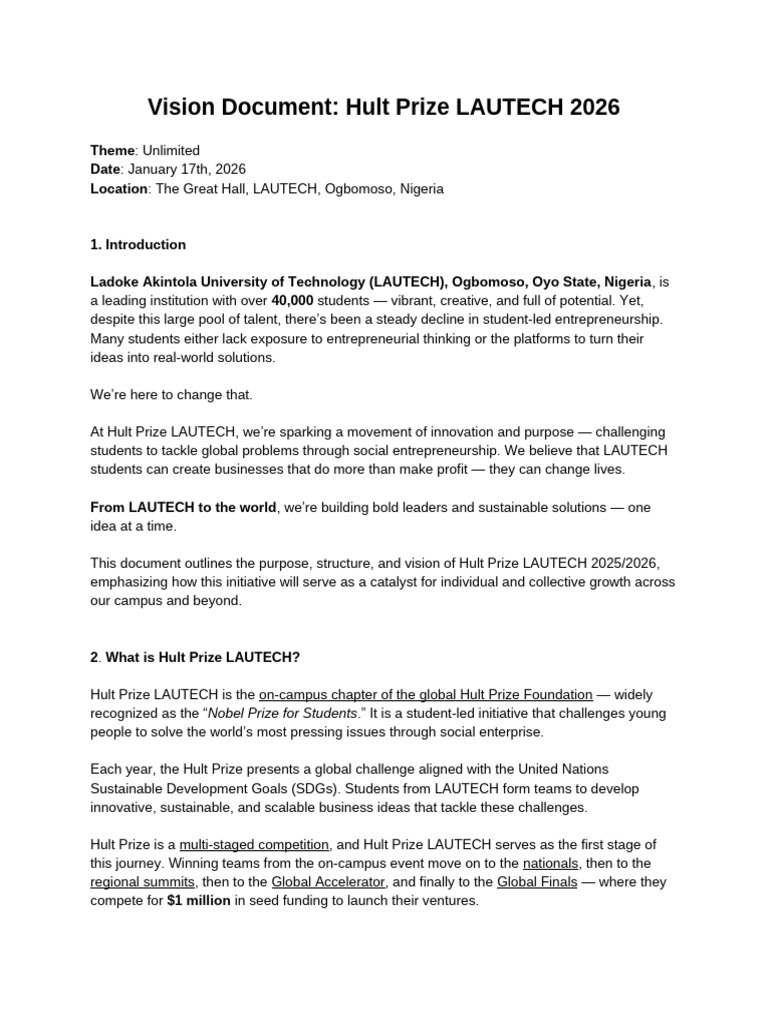 Hult Prize LAUTECH 2026 Vision Document | PDF | Entrepreneurship ...