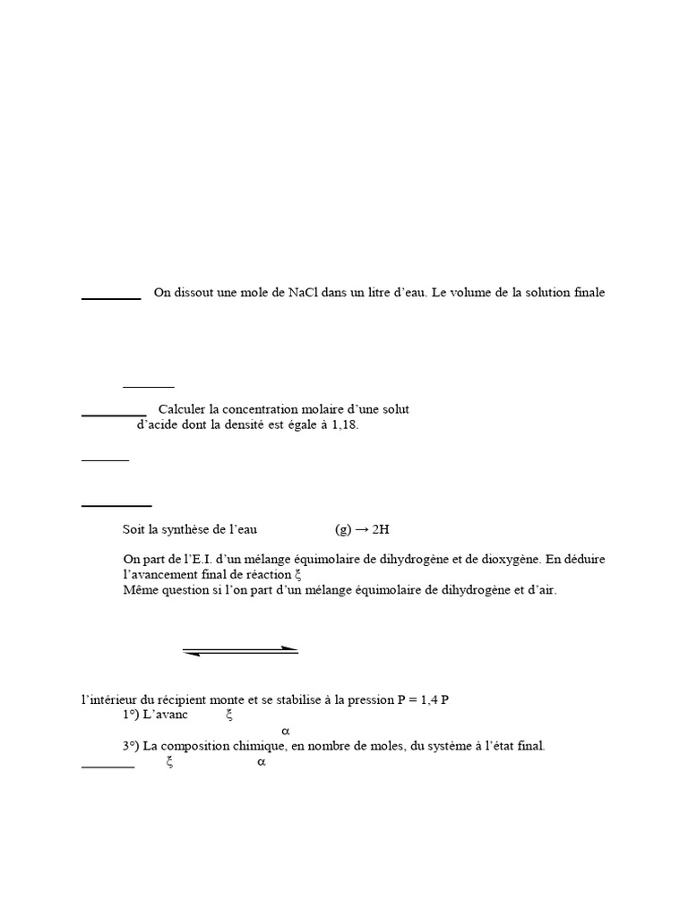 Exercices de Chimie en Solution CHM 105 | PDF | Concentration molaire | Ph