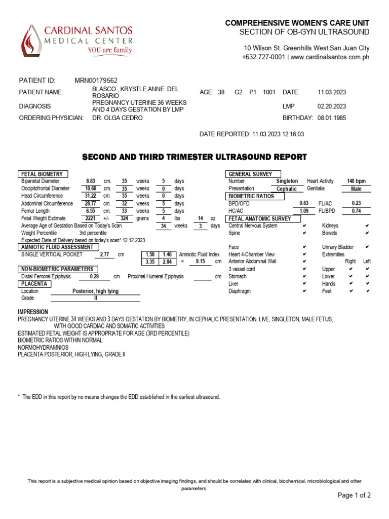 36-Week Pregnancy Ultrasound Report | PDF | Fetus | Pregnancy
