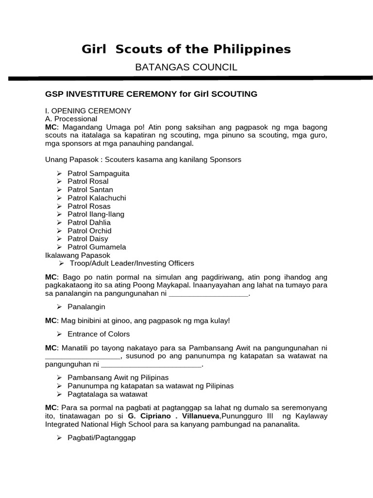 BSP Investiture Script BOY | PDF
