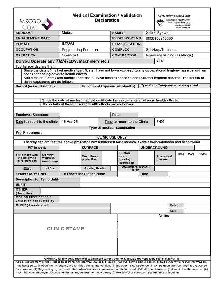 Medical Examination Declaration Form | PDF | Occupational Hygiene ...