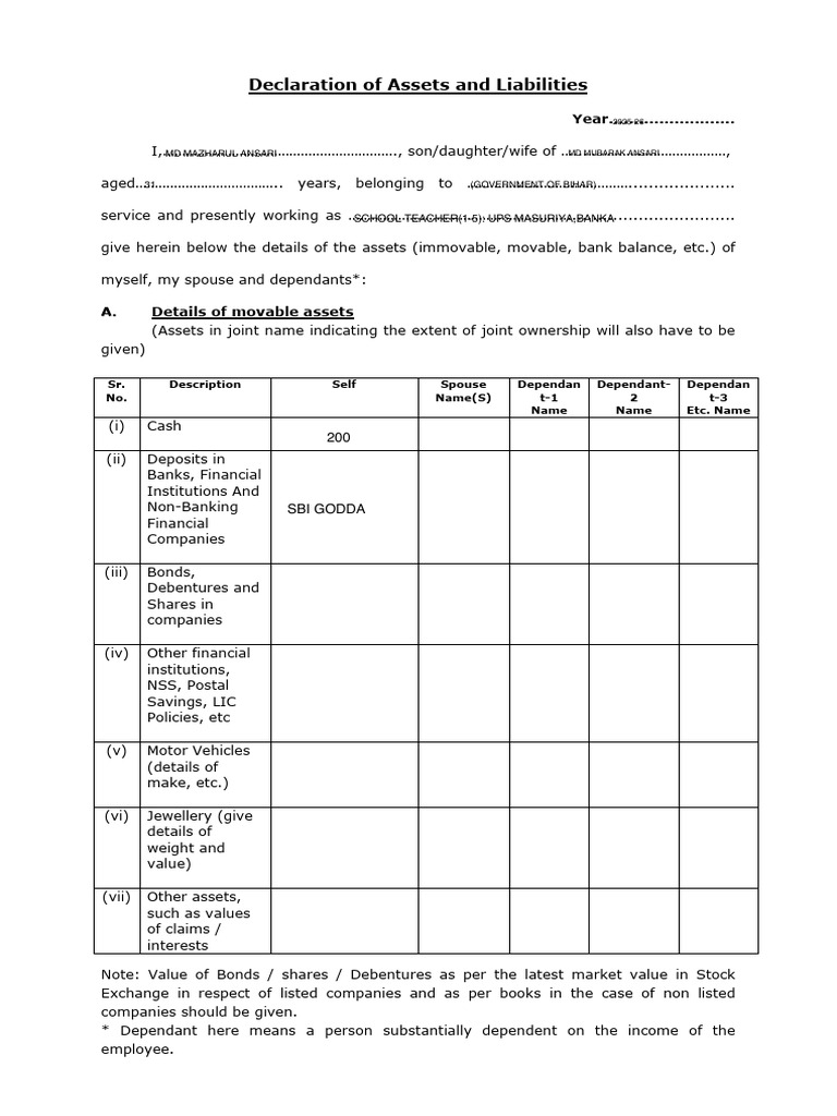 Assets declaration form | PDF | Government Finances | Private Sector