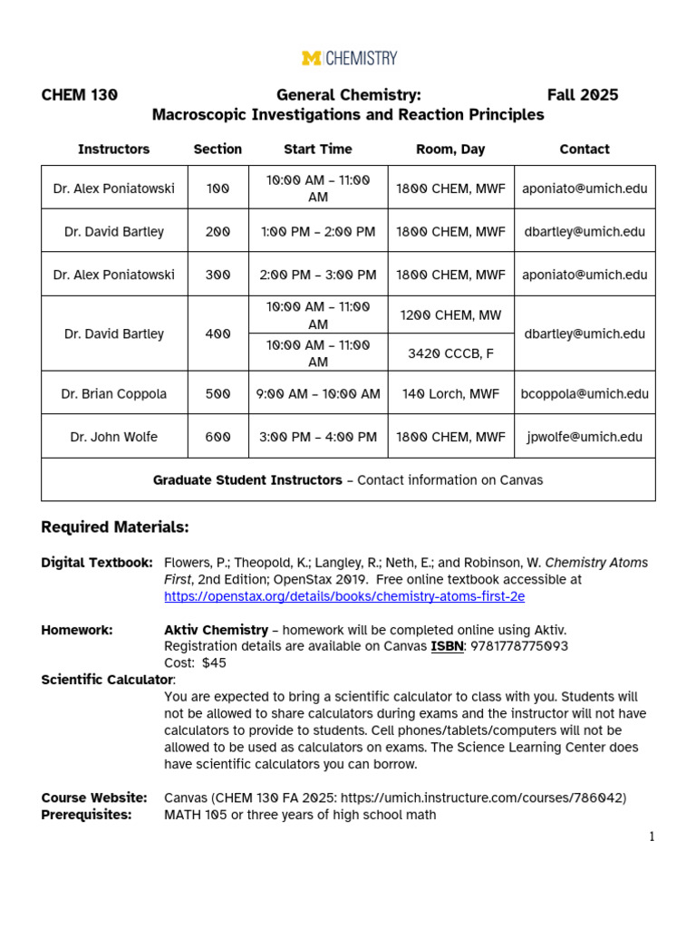 Fall 2025 General Chemistry Syllabus | PDF | Molecules | Chemistry