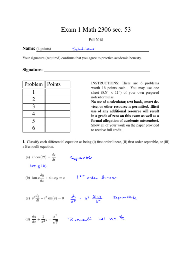Exam1_2306_53_Sp19_sol | PDF | Ordinary Differential Equation | Equations
