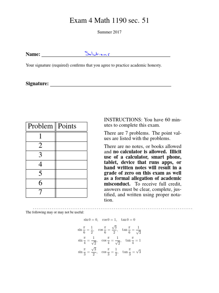 exam4_1190_51_Su17_sol | PDF | Sphere | Pi