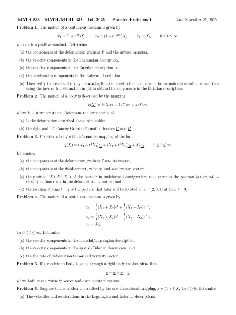 Practice Problem MATH MTHE 433 833 (1) | PDF | Continuum Mechanics ...