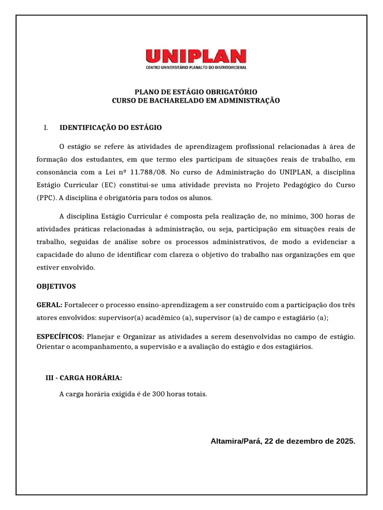 Plano de Estágio Obrigatório em Administração | PDF