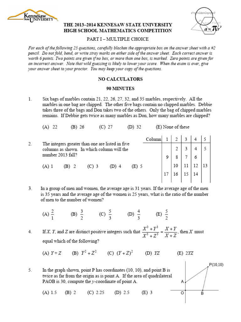 KSU High School Math Competition 2013-2014 | PDF | Geometry | Geometric ...