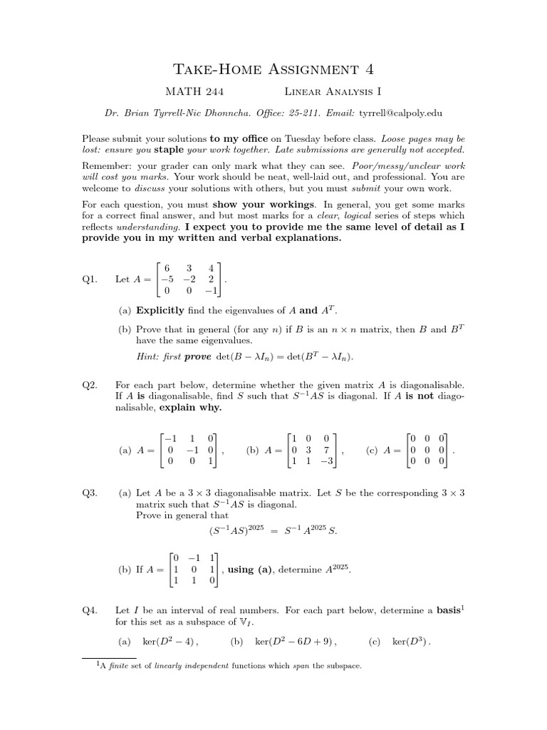 Assignment 4 244 Spring | PDF | Matrix (Mathematics) | Eigenvalues And ...