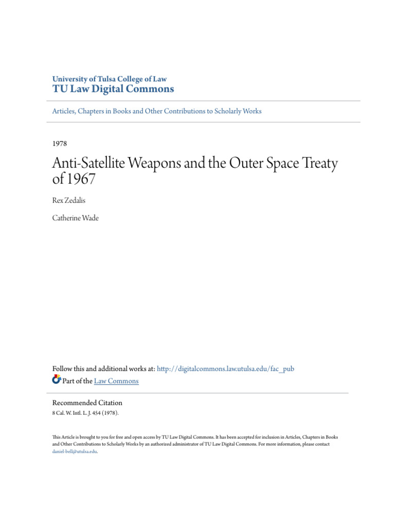 Anti-Satellite Weapons and the Outer Space Treaty of 1967 | PDF