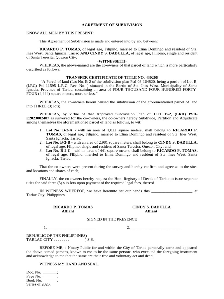 Subdivision Agreement for Tarlac Property | PDF | Real Property Law ...